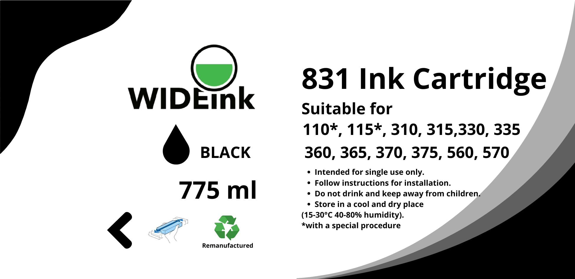 Detalle de la etiqueta del cartucho de tinta Latex 831 Wideink BK negro