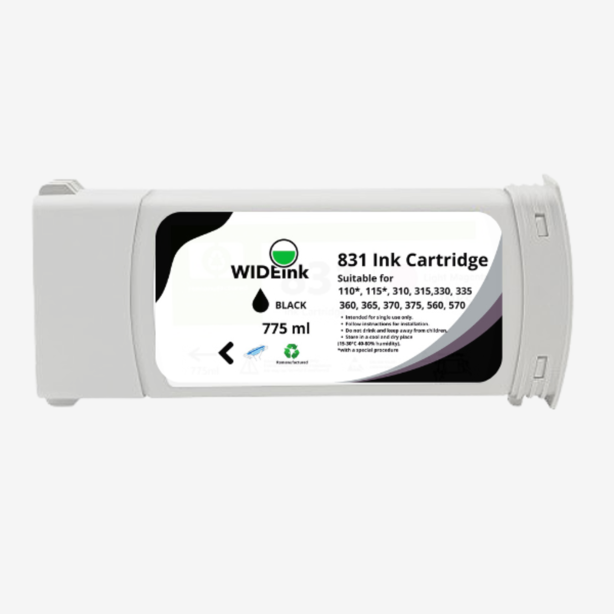 Vista frontal del cartucho de tinta Latex 831 Wideink BK  Black- Negra 775 ml