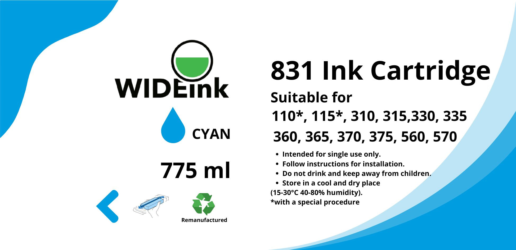 Detalle de la etiqueta del cartucho de tinta Latex 831 Wideink C Cyan