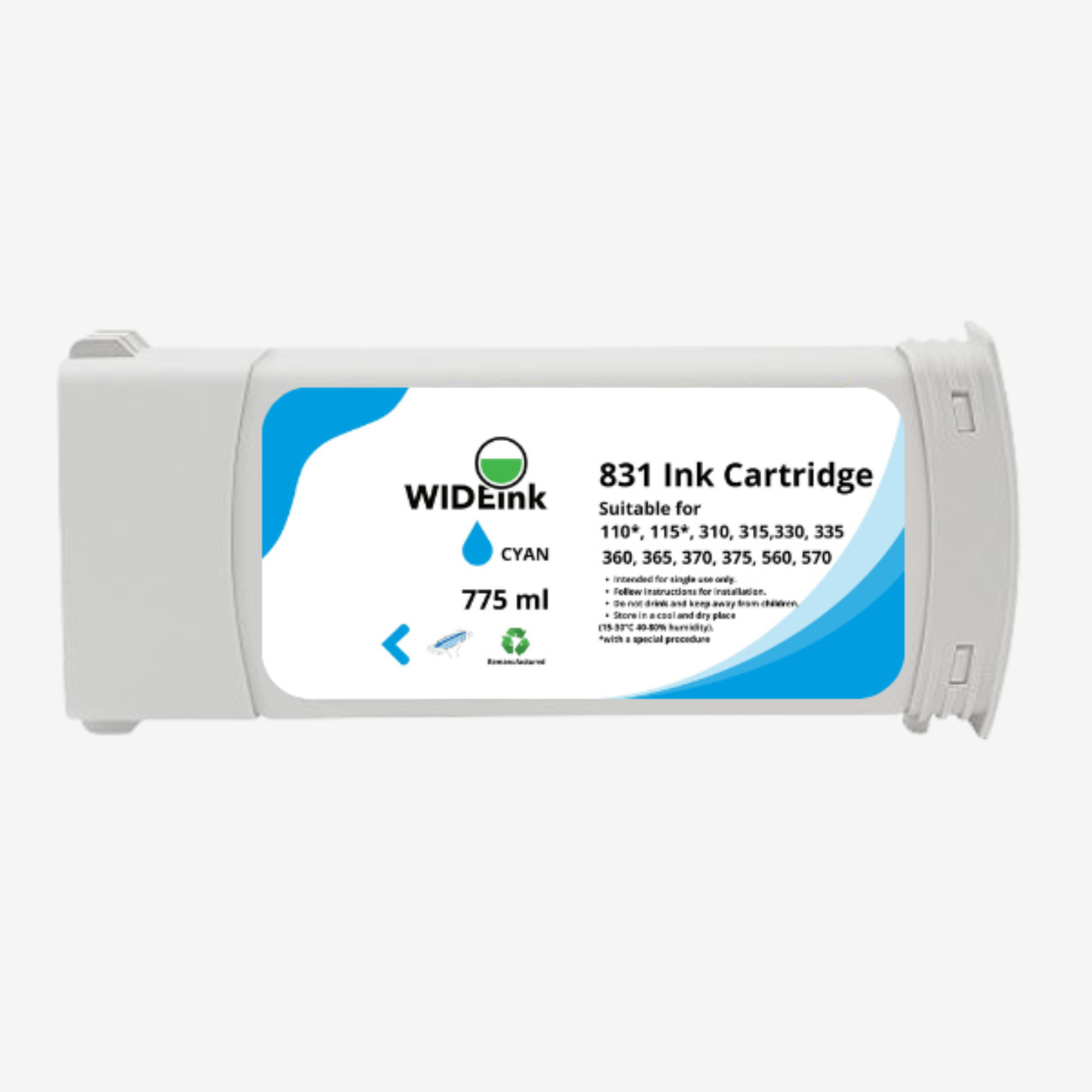 Vista frontal del cartucho de tinta Latex 831 Wideink C-Cyan 775 ml