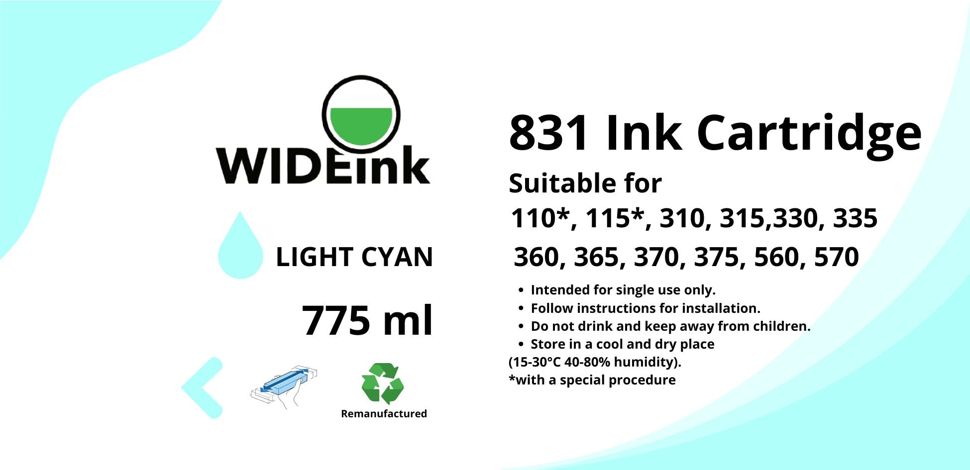 Detalle de la etiqueta del cartucho de tinta Latex 831 Wideink LC Light Cyan