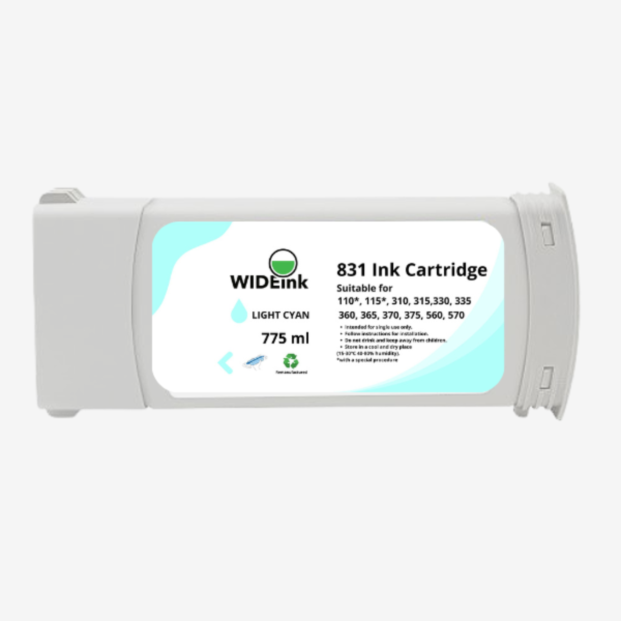 Vista frontal del cartucho de tinta Latex 831 Wideink LC Light Cyan  775 ml