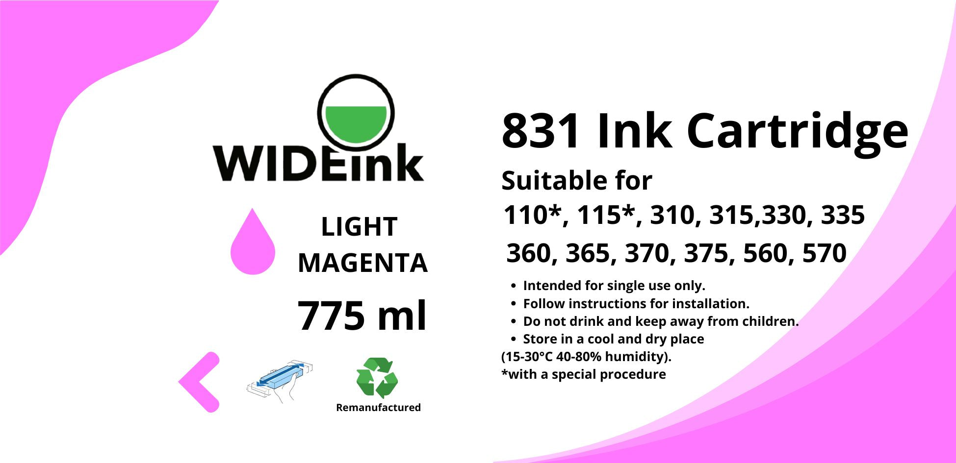 Detalle de la etiqueta del cartucho de tinta Latex 831 Wideink LM  LIGHT MAGENTA
