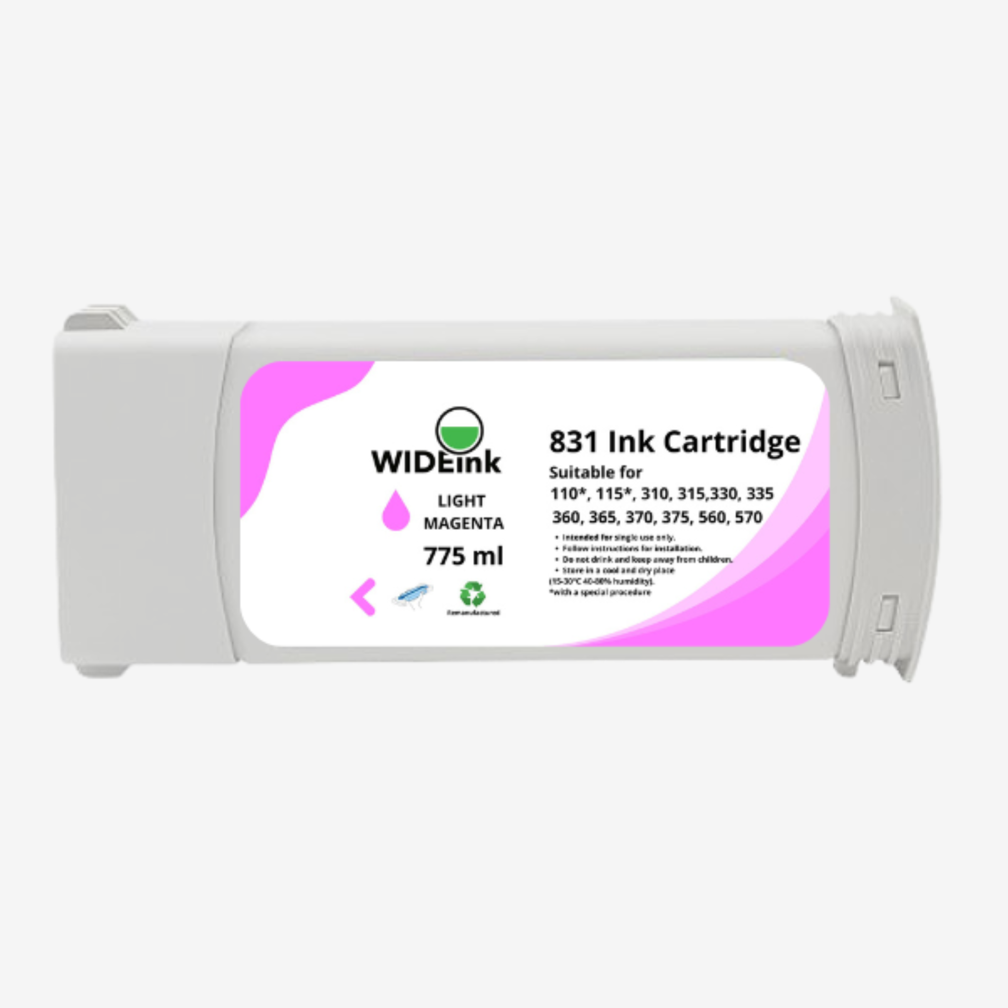 Vista frontal del cartucho de tinta Latex 831 Wideink LM-LIGHT MAGENTA 775 ml