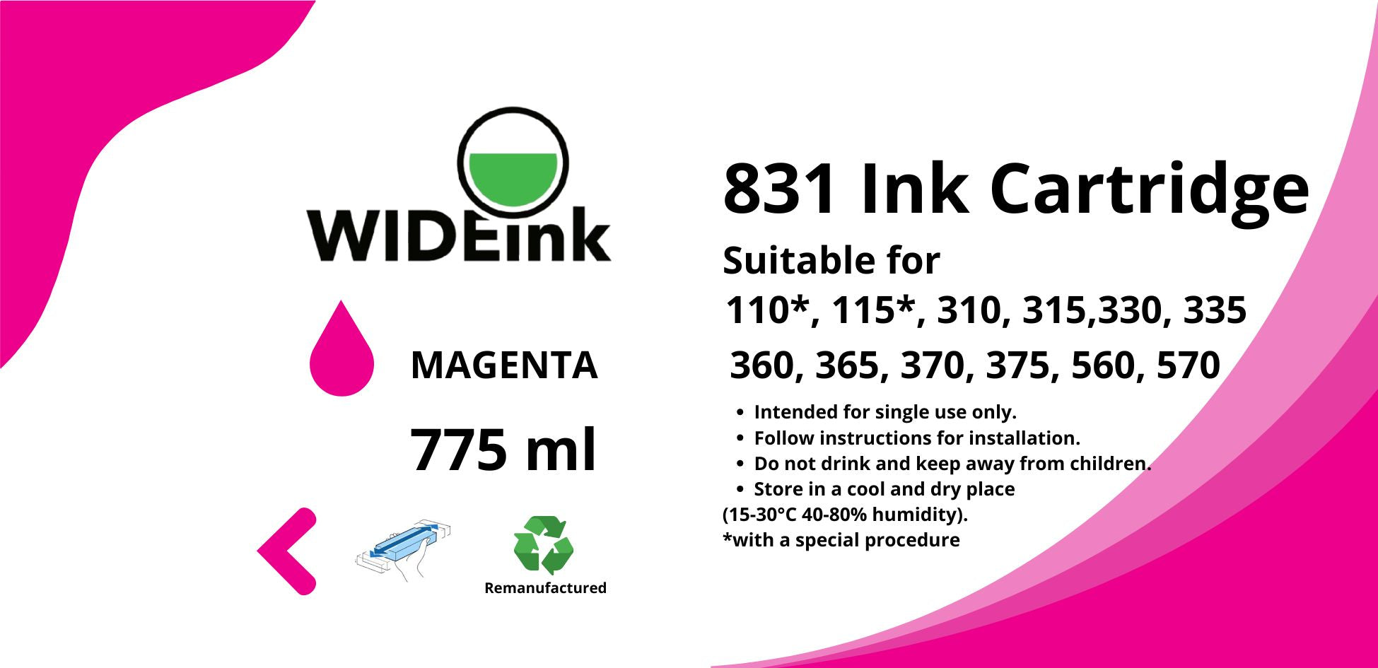Detalle de la etiqueta del cartucho de tinta Latex 831 Wideink M MAGENTA
