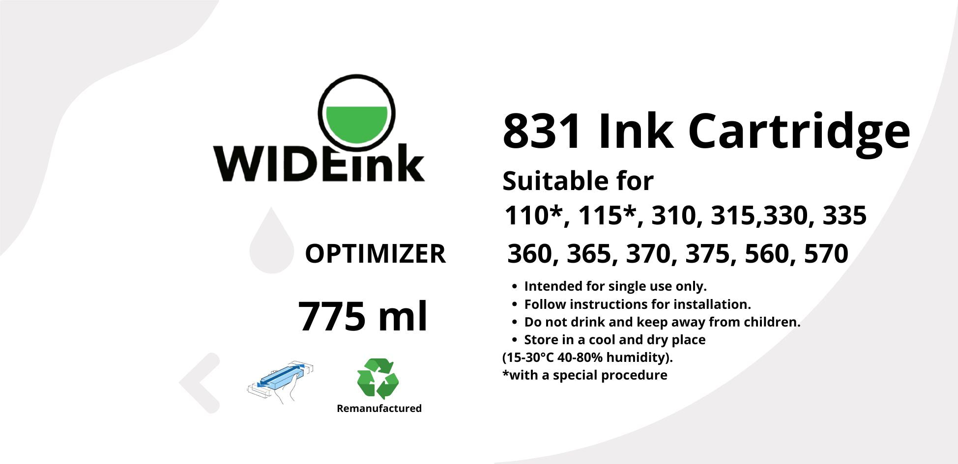 Detalle de la etiqueta del cartucho de tinta Latex 831 Wideink Optimizador 