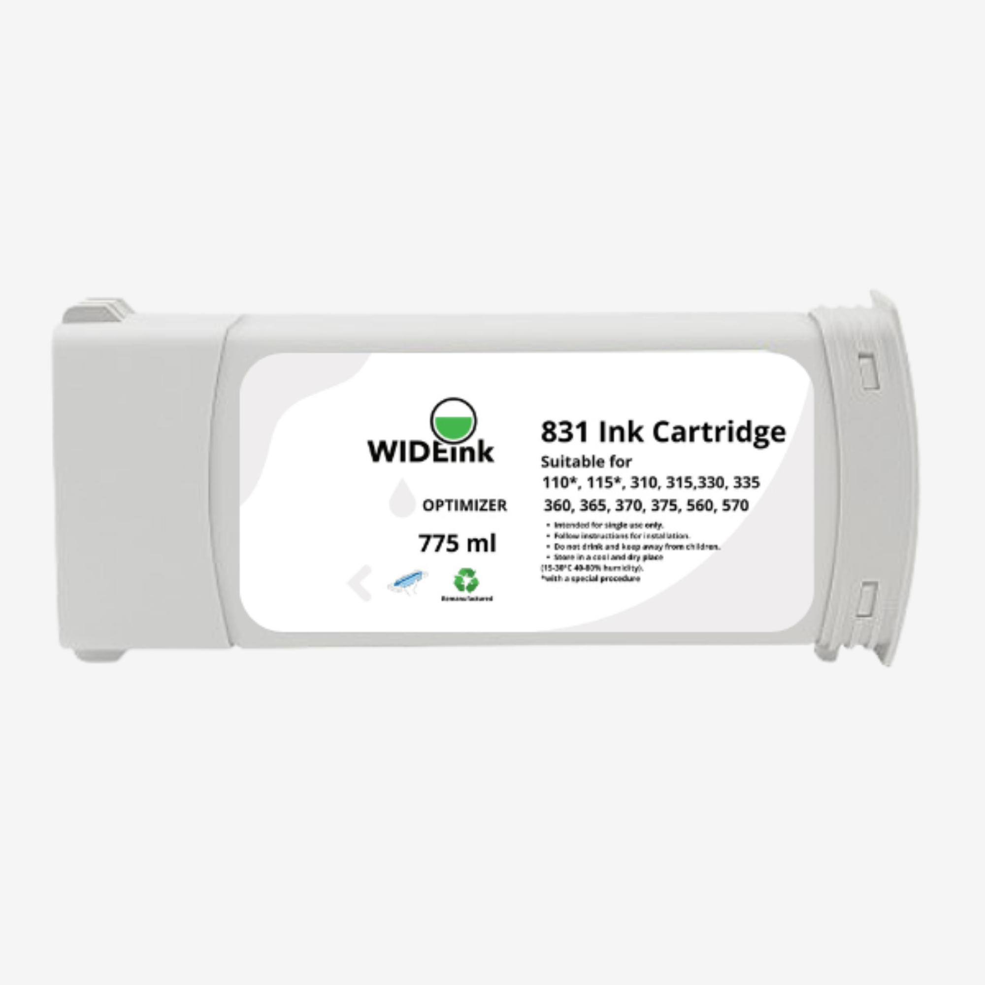 Vista frontal del cartucho de tinta Latex 831 Wideink OPT optimizador 775 ml