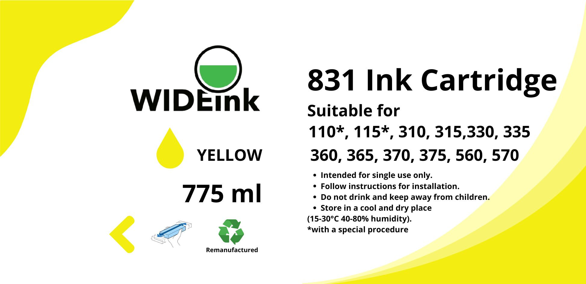 Detalle de la etiqueta del cartucho de tinta Latex 831 Wideink Y YELLOW
