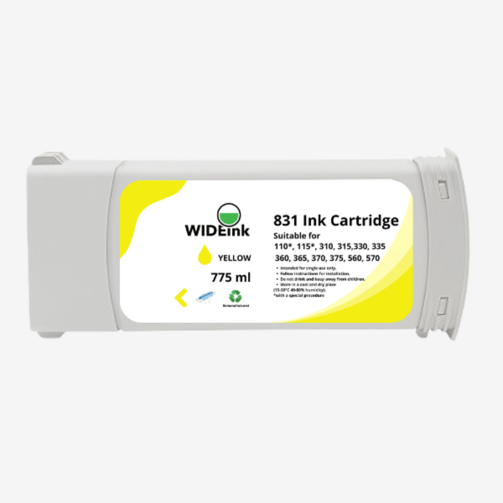 Vista frontal del cartucho de tinta Latex 831 Wideink Y YELLOW 775 ml